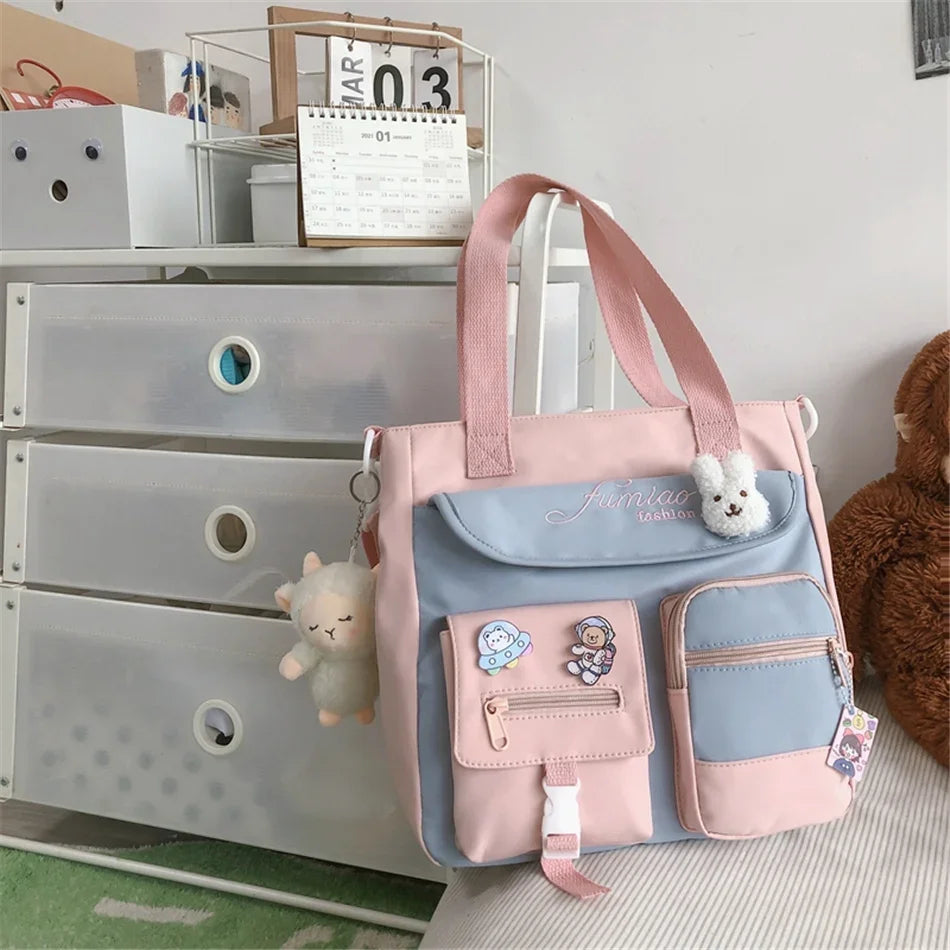 Cute Large Capacity Tote Bags Trendy Nylon Patchwork Shoulder School Book Bag for Teenage Girls Fashion Student Crossbody Sac