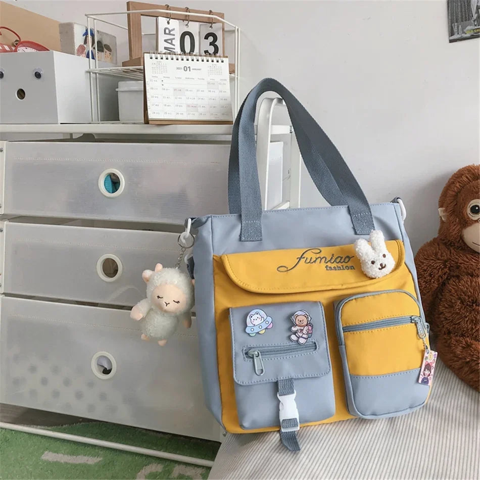 Cute Large Capacity Tote Bags Trendy Nylon Patchwork Shoulder School Book Bag for Teenage Girls Fashion Student Crossbody Sac