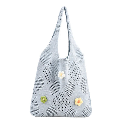 Cute Large Capacity Tote Handbag Trendy Wool Flower Shoulder Bag for Teenage Girls Fashion Student Top-handle Bag