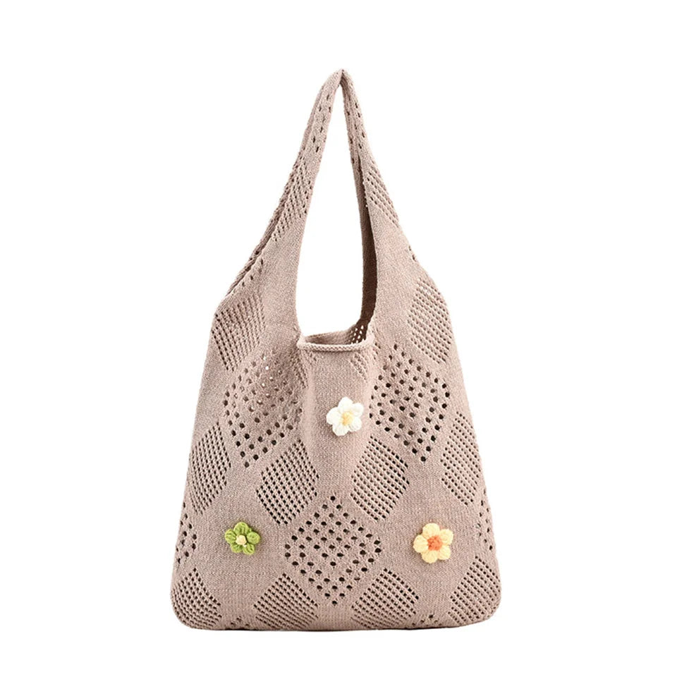 Cute Large Capacity Tote Handbag Trendy Wool Flower Shoulder Bag for Teenage Girls Fashion Student Top-handle Bag