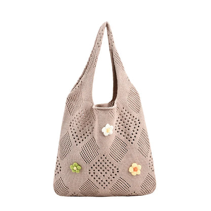 Cute Large Capacity Tote Handbag Trendy Wool Flower Shoulder Bag for Teenage Girls Fashion Student Top-handle Bag