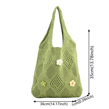 Cute Large Capacity Tote Handbag Trendy Wool Flower Shoulder Bag for Teenage Girls Fashion Student Top-handle Bag