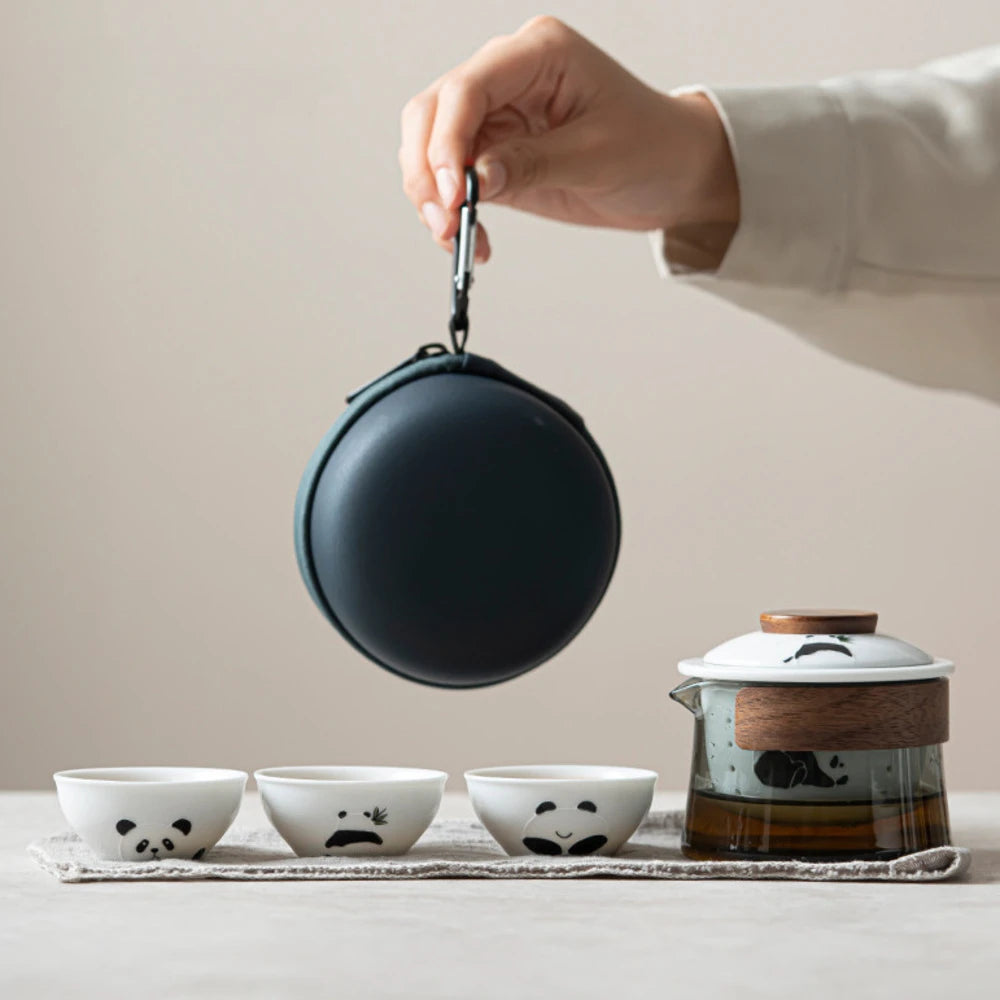 Cute Panda Tea Set Kit Elegant Tea Set Complete Set Glass Tea Brewing Gaiwan 1 Bowl 3 Cups Household Portable Tote Bag for Tea