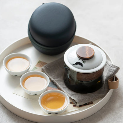 Cute Panda Tea Set Kit Elegant Tea Set Complete Set Glass Tea Brewing Gaiwan 1 Bowl 3 Cups Household Portable Tote Bag for Tea