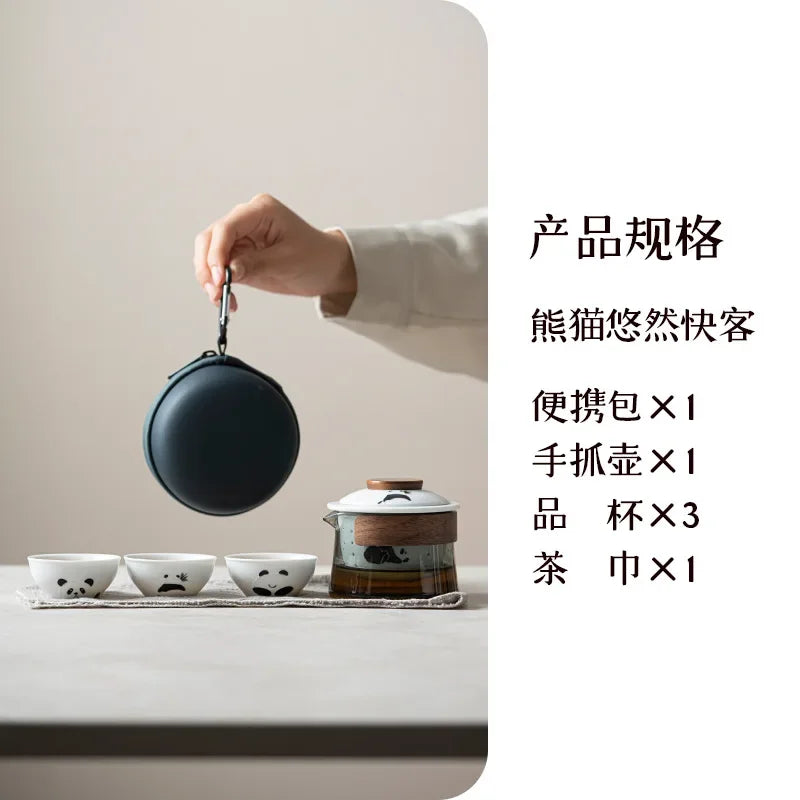 Cute Panda Tea Set Kit Elegant Tea Set Complete Set Glass Tea Brewing Gaiwan 1 Bowl 3 Cups Household Portable Tote Bag for Tea
