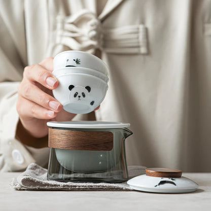 Cute Panda Tea Set Kit Elegant Tea Set Complete Set Glass Tea Brewing Gaiwan 1 Bowl 3 Cups Household Portable Tote Bag for Tea