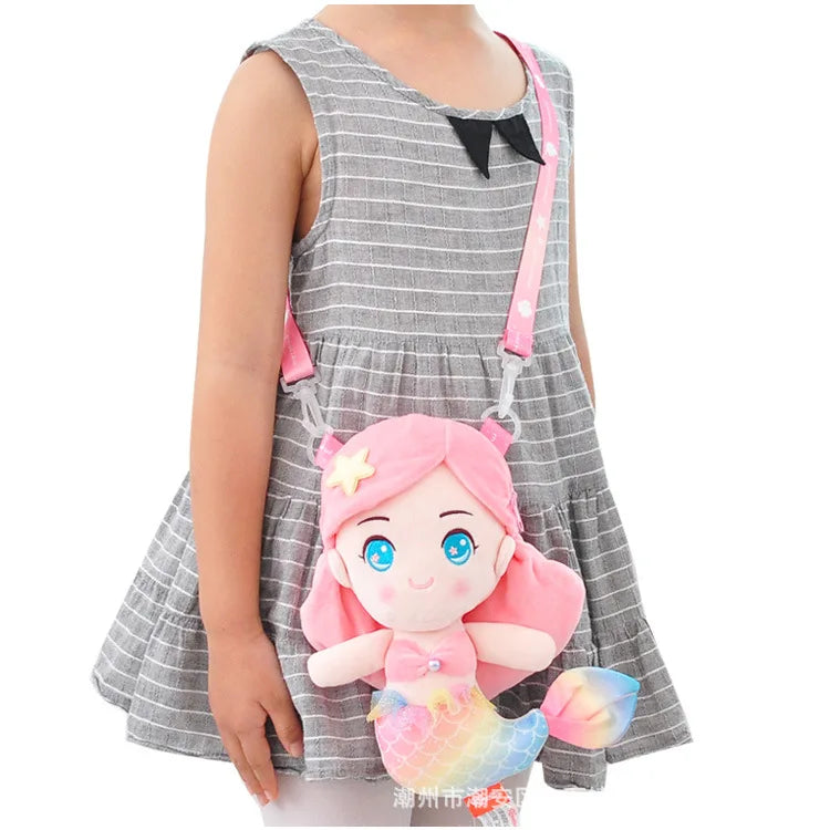 Cute Toddler Crossbody Bag Plush Cartoon Mermaid Mini Doll Travel Backpack for Kindergarten Preschool Girls  2-6 Years