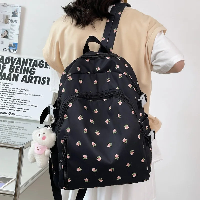 Cute Women Floral Print Laptop Book Bag Trendy Female College Backpack Girl Travel Kawaii School Bag Lady Nylon Backpack Fashion