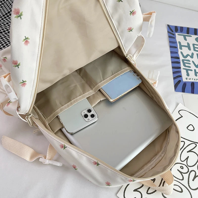 Cute Women Floral Print Laptop Book Bag Trendy Female College Backpack Girl Travel Kawaii School Bag Lady Nylon Backpack Fashion