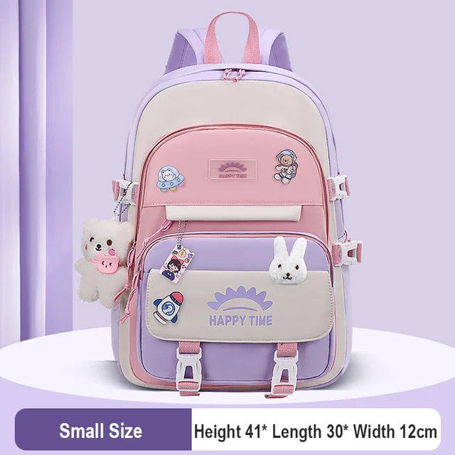 Cute Women Multi-Pocket Nylon Backpack With Bear Pendant Ins Junior High School Student School Bag Female Girl Laptop Backpack