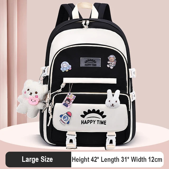 Cute Women Multi-Pocket Nylon Backpack With Bear Pendant Ins Junior High School Student School Bag Female Girl Laptop Backpack