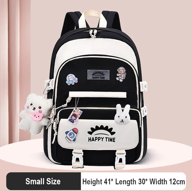 Cute Women Multi-Pocket Nylon Backpack With Bear Pendant Ins Junior High School Student School Bag Female Girl Laptop Backpack