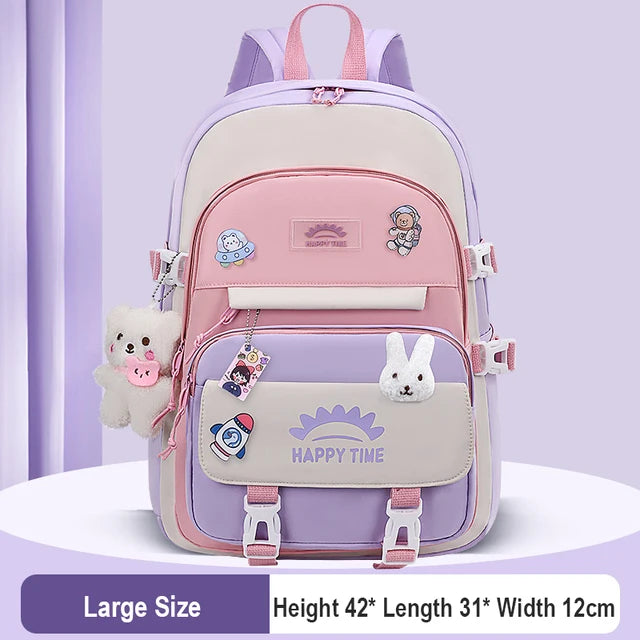 Cute Women Multi-Pocket Nylon Backpack With Bear Pendant Ins Junior High School Student School Bag Female Girl Laptop Backpack