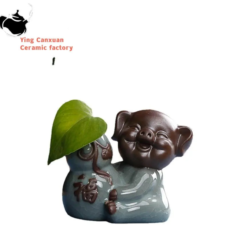 Cute Wufu Lucky Pig Tea Pet Ornament Yixing Purple Sand Tea Set Decore Accessories Home Flower Pot Decoration Tea Doll Crafts