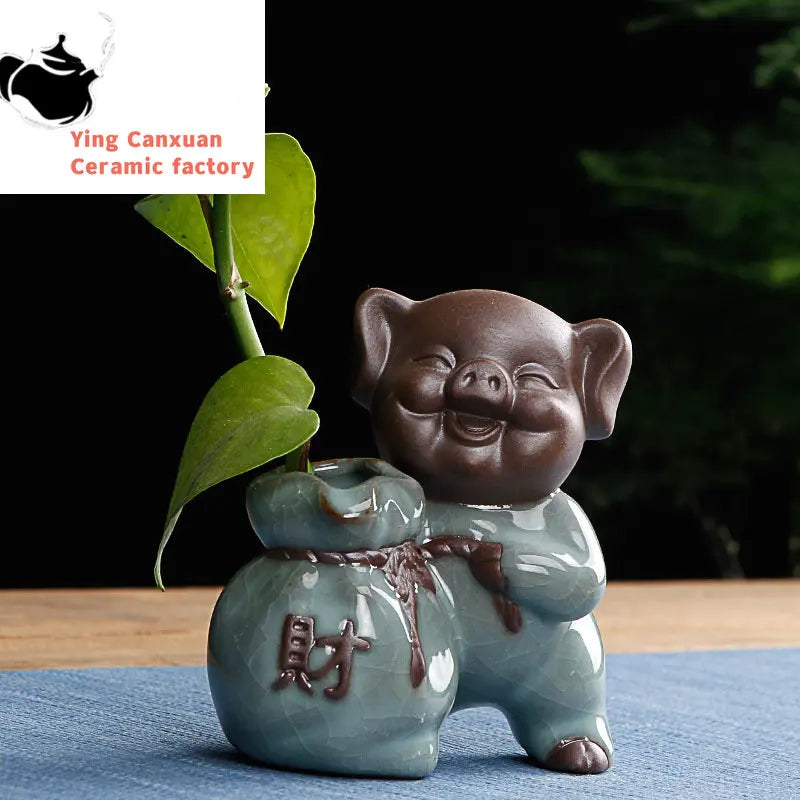 Cute Wufu Lucky Pig Tea Pet Ornament Yixing Purple Sand Tea Set Decore Accessories Home Flower Pot Decoration Tea Doll Crafts