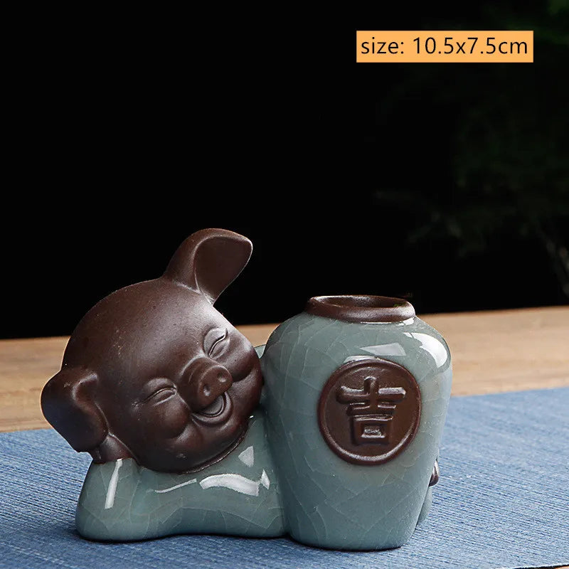Cute Wufu Lucky Pig Tea Pet Ornament Yixing Purple Sand Tea Set Decore Accessories Home Flower Pot Decoration Tea Doll Crafts