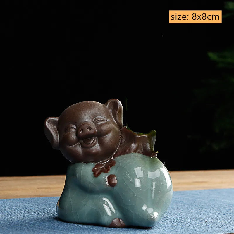 Cute Wufu Lucky Pig Tea Pet Ornament Yixing Purple Sand Tea Set Decore Accessories Home Flower Pot Decoration Tea Doll Crafts