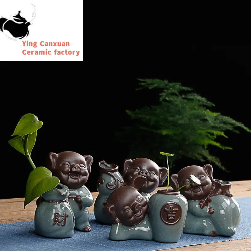Cute Wufu Lucky Pig Tea Pet Ornament Yixing Purple Sand Tea Set Decore Accessories Home Flower Pot Decoration Tea Doll Crafts