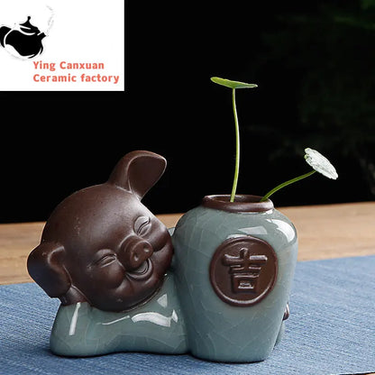 Cute Wufu Lucky Pig Tea Pet Ornament Yixing Purple Sand Tea Set Decore Accessories Home Flower Pot Decoration Tea Doll Crafts