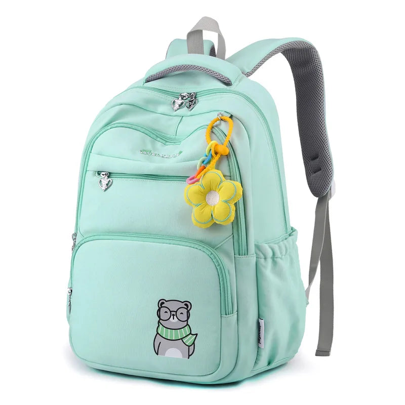 Cute bear printed children school backpack for teenagers girls kids orthopedics schoolbag with flower pendant Women backpacks