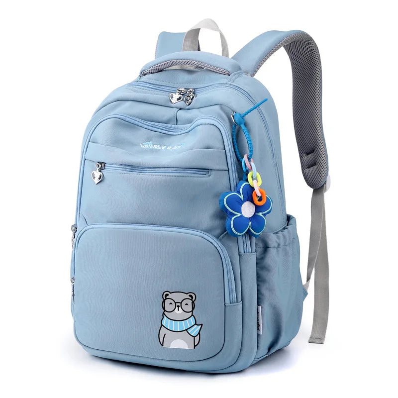 Cute bear printed children school backpack for teenagers girls kids orthopedics schoolbag with flower pendant Women backpacks