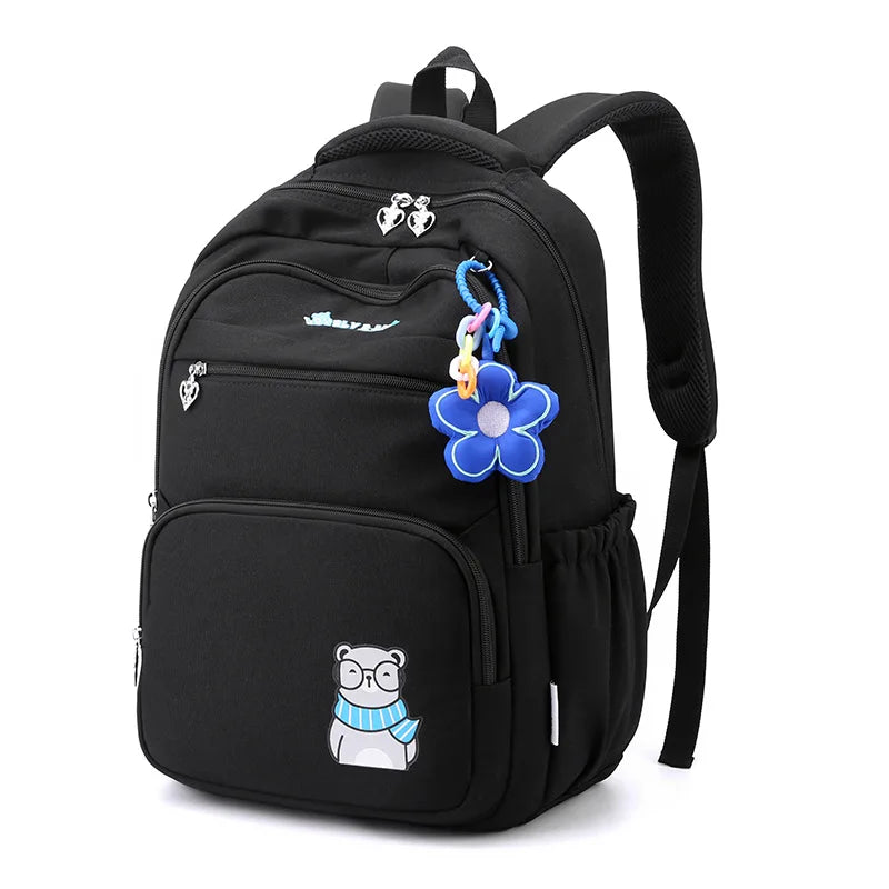 Cute bear printed children school backpack for teenagers girls kids orthopedics schoolbag with flower pendant Women backpacks