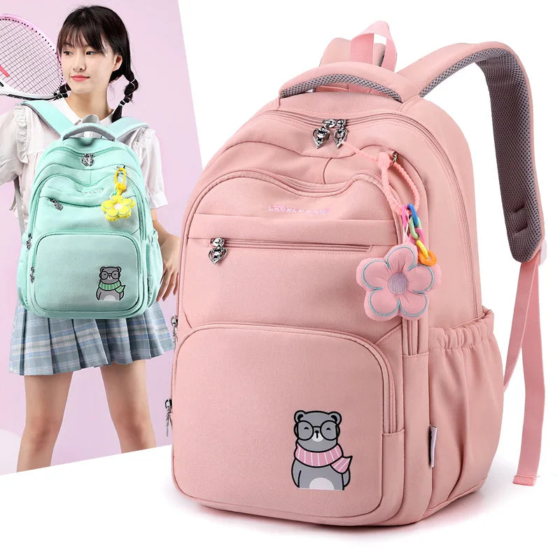 Cute bear printed children school backpack for teenagers girls kids orthopedics schoolbag with flower pendant Women backpacks