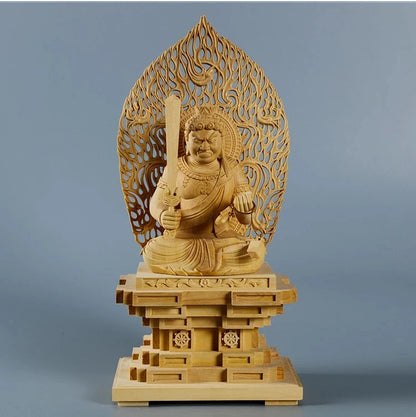 Cypress Wood 23cm Acala Sculpture Wood Carving Buddha Statue Worship Home Decor