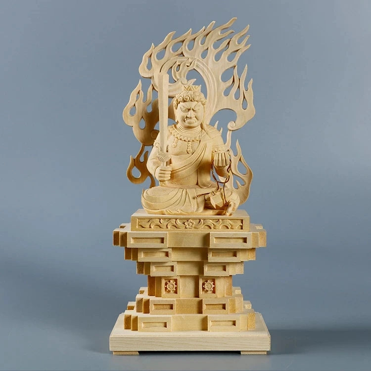 Cypress Wood 23cm Acala Sculpture Wood Carving Buddha Statue Worship Home Decor