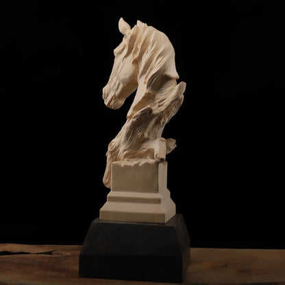 Cypress Wood 23cm Horse Head Sculpture Wood Carving Animal Statue Success Lucky Home Decor