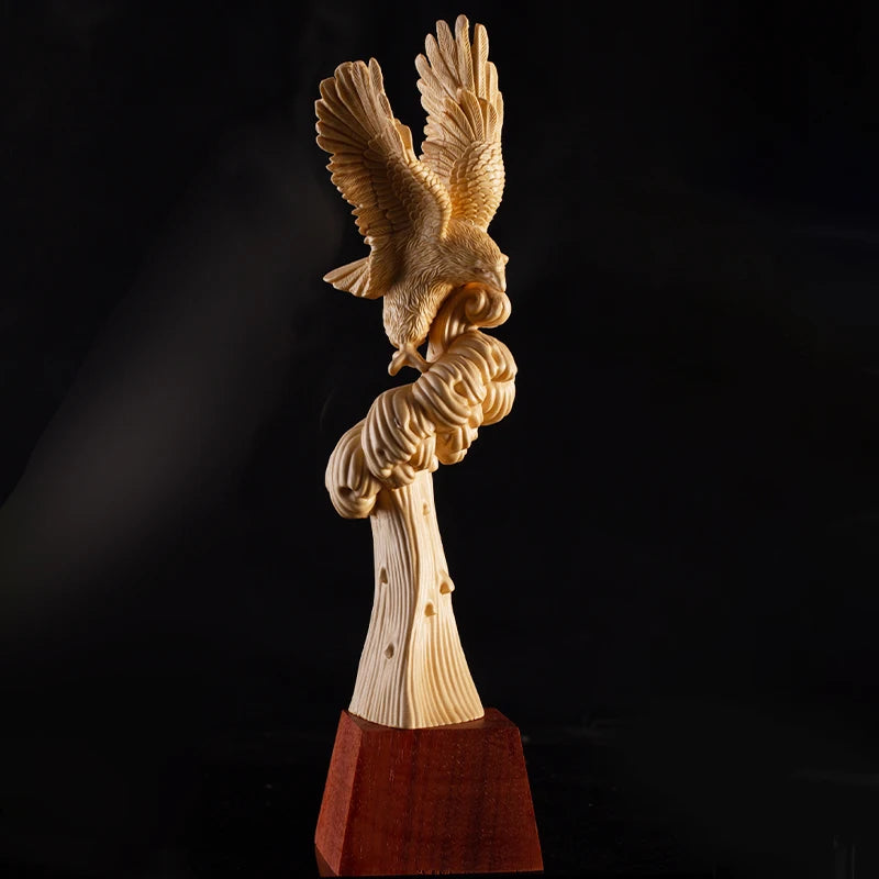 Cypress Wood 29CM Eagle Sculpture Wood Carving Animal Statue Ride on The Crest of Success Home Decor