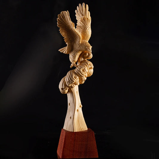 Cypress Wood 29CM Eagle Sculpture Wood Carving Animal Statue Ride on The Crest of Success Home Decor