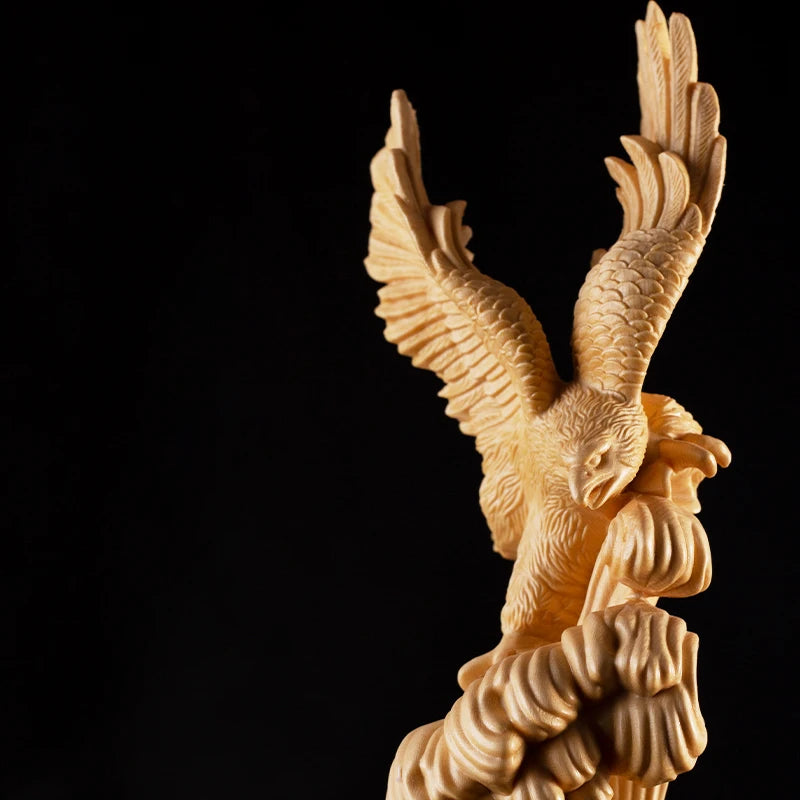 Cypress Wood 29CM Eagle Sculpture Wood Carving Animal Statue Ride on The Crest of Success Home Decor