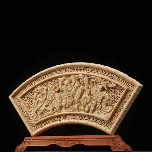 Cypress Wood 29cm Fan Sculpture Wood Carving Eagle Eight Gods Buddha Animal Statue Home Decor