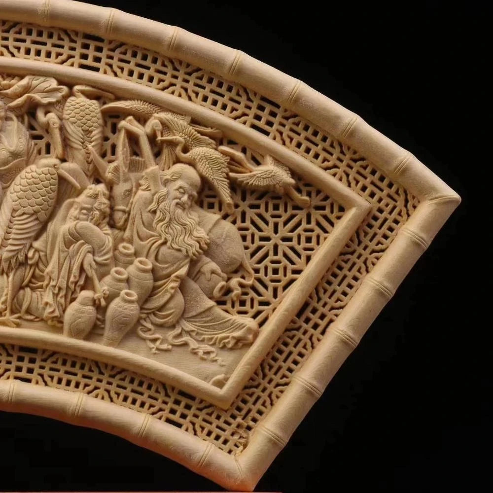 Cypress Wood 29cm Fan Sculpture Wood Carving Eagle Eight Gods Buddha Animal Statue Home Decor