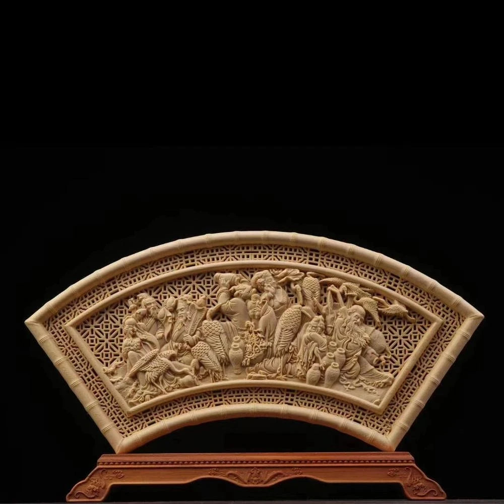 Cypress Wood 29cm Fan Sculpture Wood Carving Eagle Eight Gods Buddha Animal Statue Home Decor
