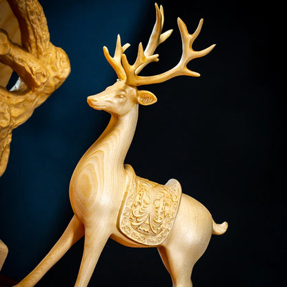 Cypress Wood 37cm Elk Sculpture Wood Animal Statue Full Moon Deers Auspicious Home Decore