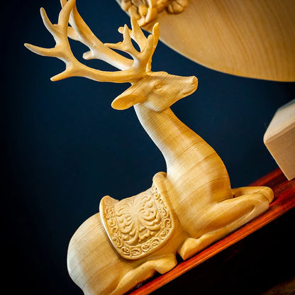 Cypress Wood 37cm Elk Sculpture Wood Animal Statue Full Moon Deers Auspicious Home Decore