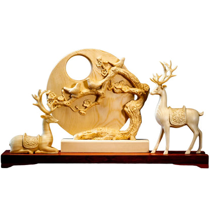 Cypress Wood 37cm Elk Sculpture Wood Animal Statue Full Moon Deers Auspicious Home Decore