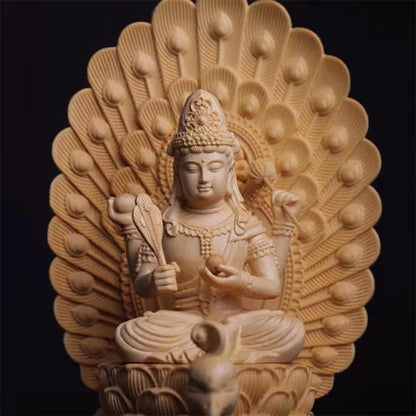 Cypress Wood 38cm Mahamayuri Buddha Statue Peacock Maha-mayuri-vidya-rajni Figure Sculpture Worship Home Decor
