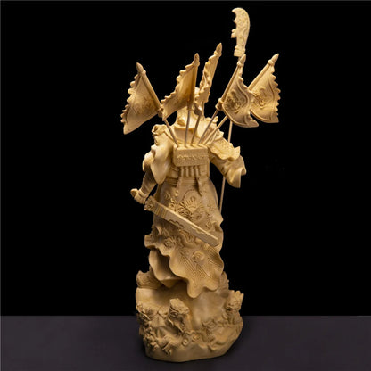 Cypress Wood Carving Nine Dragons Five Flags Guan Yu God of Wealth Office Lucky Decoration 12'