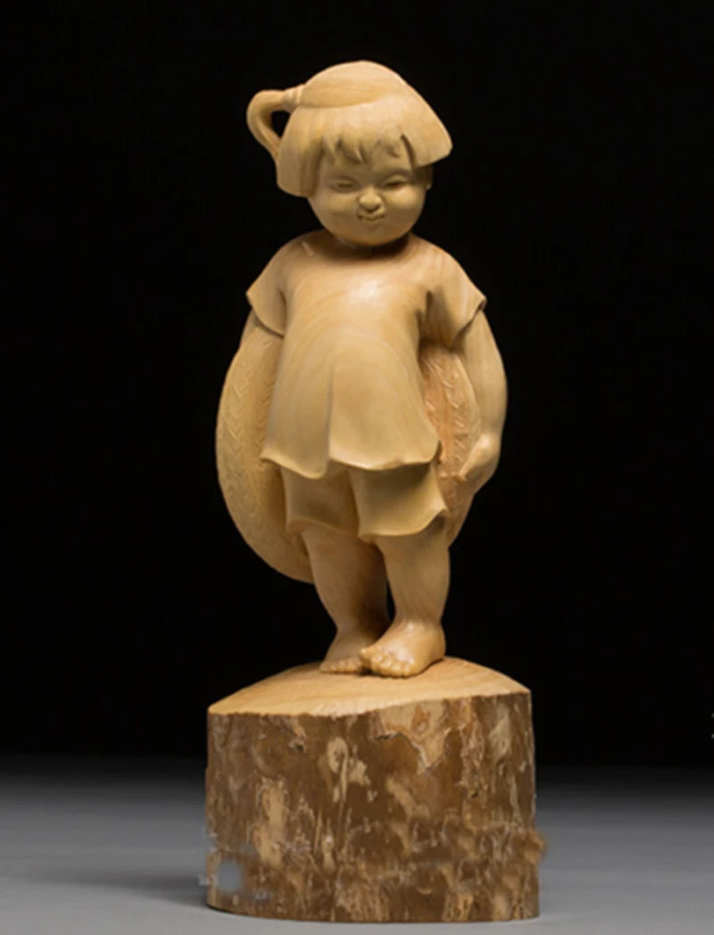 D019 - 19.5 CM High Carved Boxwood Figurine Carving  : Happy Little Girl