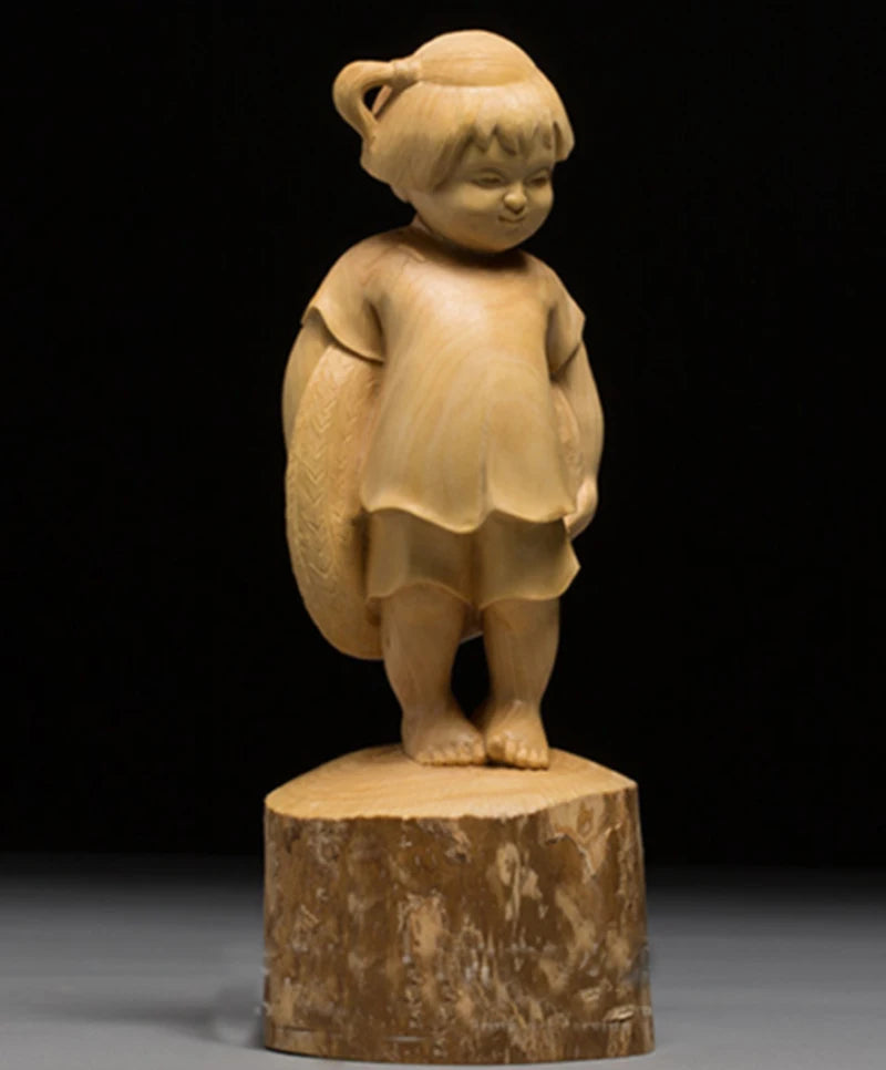 D019 - 19.5 CM High Carved Boxwood Figurine Carving  : Happy Little Girl