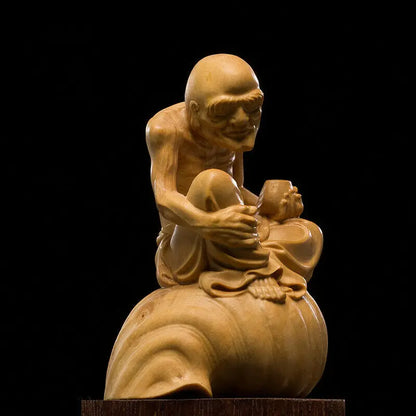 D032ca - 10.5*8*6 CM Stunning Boxwood Figurine Carving: Monk Luo Han On Snail