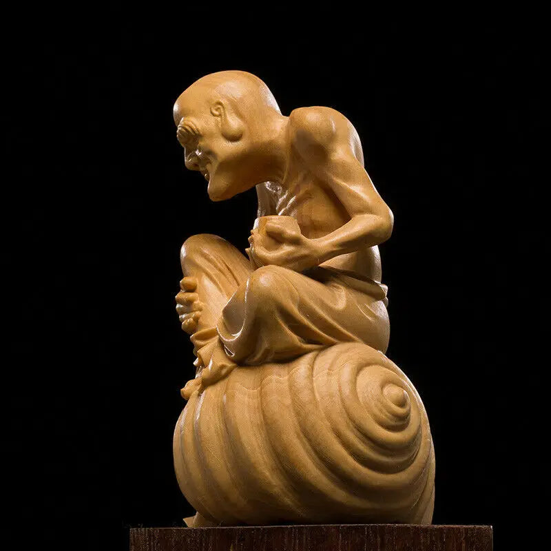 D032ca - 10.5*8*6 CM Stunning Boxwood Figurine Carving: Monk Luo Han On Snail
