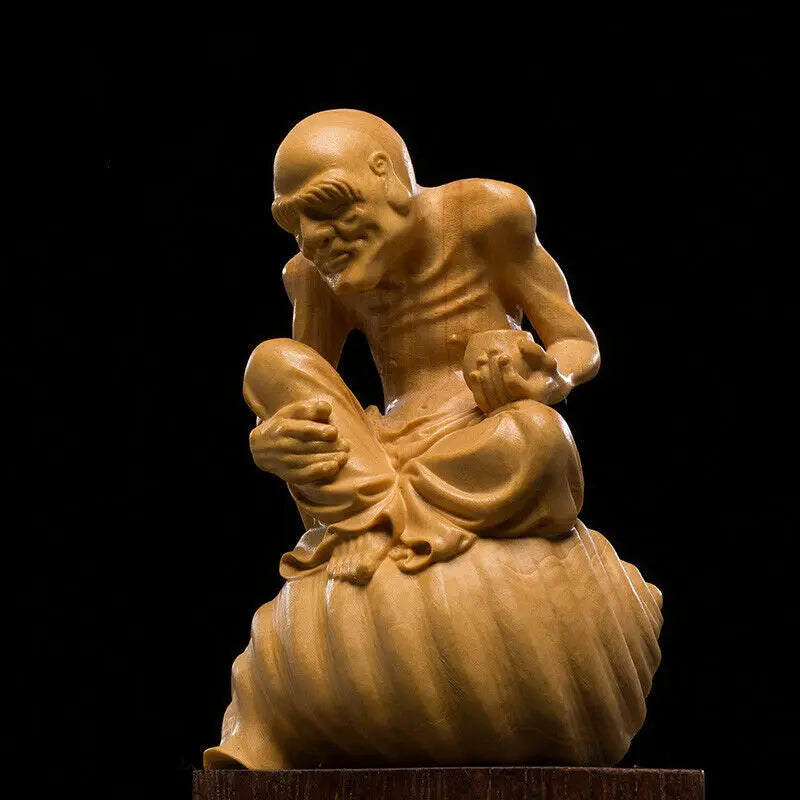 D032ca - 10.5*8*6 CM Stunning Boxwood Figurine Carving: Monk Luo Han On Snail