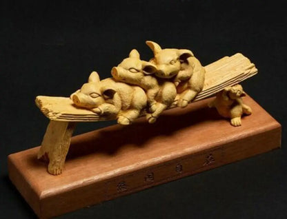 D073ca - 20*9.5*6 CM Carved Boxwood Carving Figurine Home Decor : Lovely Pigs