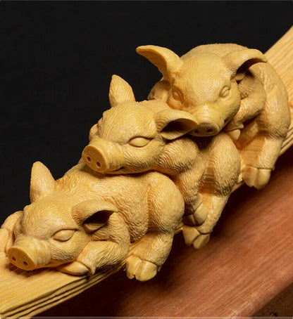D073ca - 20*9.5*6 CM Carved Boxwood Carving Figurine Home Decor : Lovely Pigs