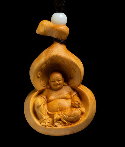 D093 - 7x4.5x4 CM Carved Boxwood Carving Maitreya Figurine Buddha in Gourd Statue-Home Decor Collection Ornaments