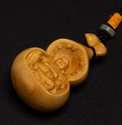 D093 - 7x4.5x4 CM Carved Boxwood Carving Maitreya Figurine Buddha in Gourd Statue-Home Decor Collection Ornaments